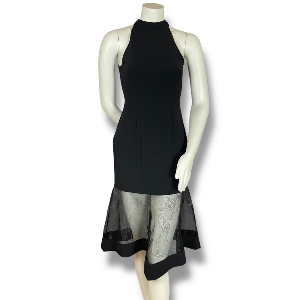 Black Dress Sheer‎ Flared Hem High Neck Fitted Sheath Racerback Cocktail Zip-Up